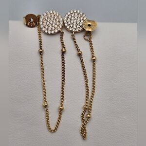 Gold Drop Chain Earrings Pavé Diamond Disc Stud 925 Sterling